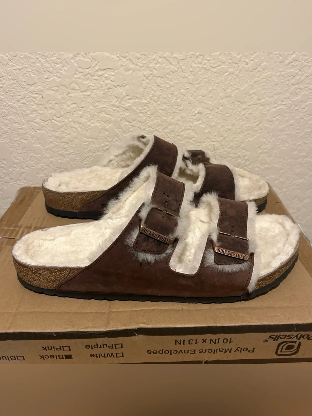 Birkenstock Arizona Shearling Mink Leather Sandal - Brown and Cream